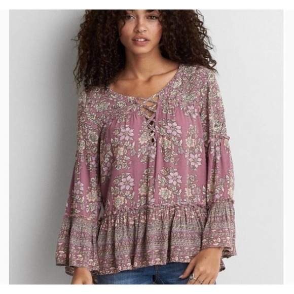 American Eagle Floral Lace-Up Bell Sleeve Top size S - Picture 1 of 8